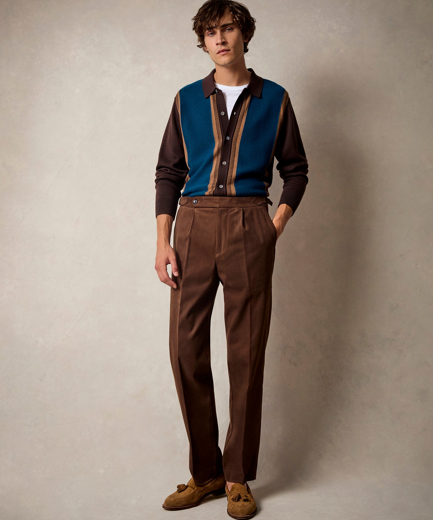 Italian Brushed Cotton Side Tab Trouser in Brown