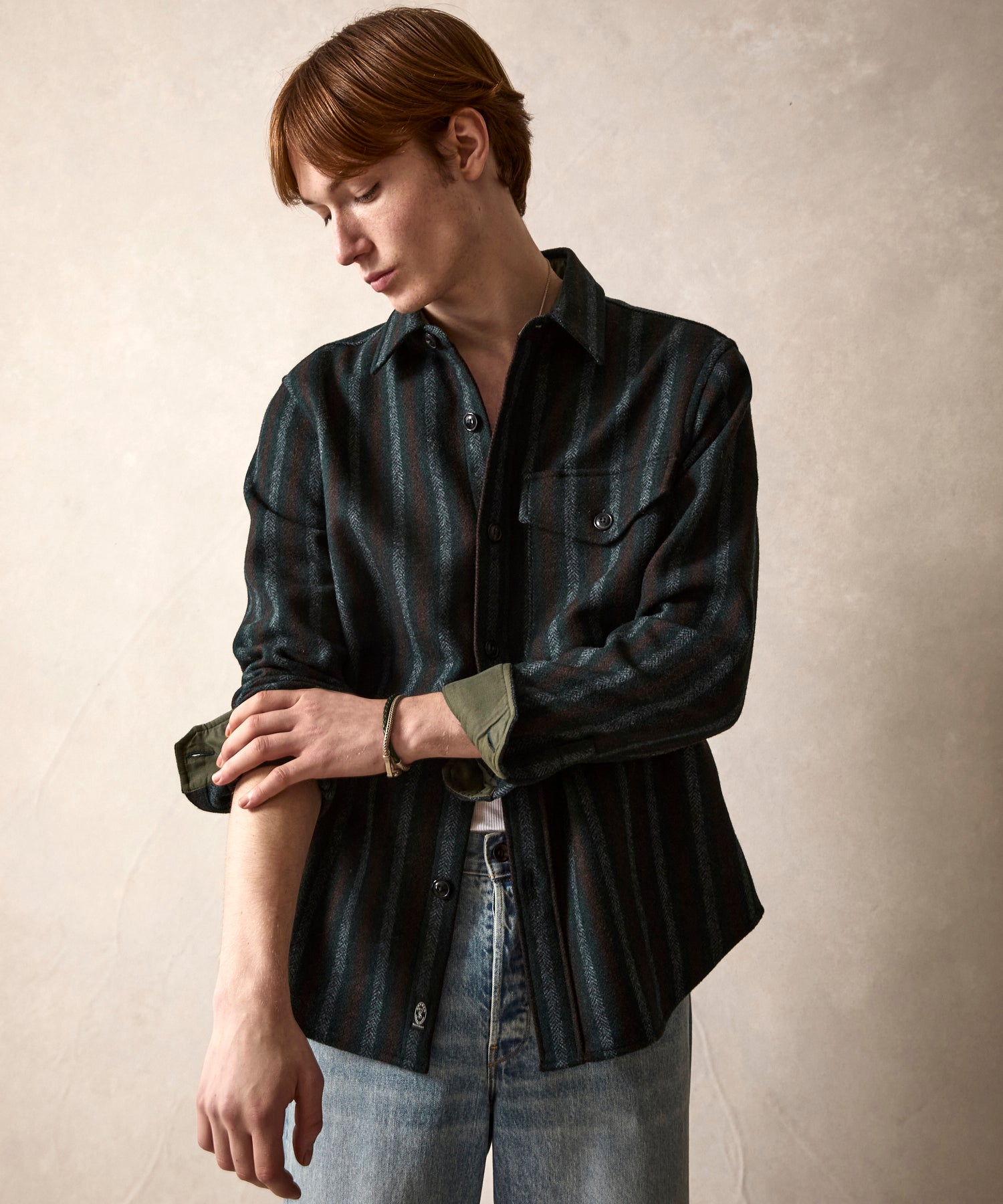 Wool Striped Utility Shirt Jacket in Blue