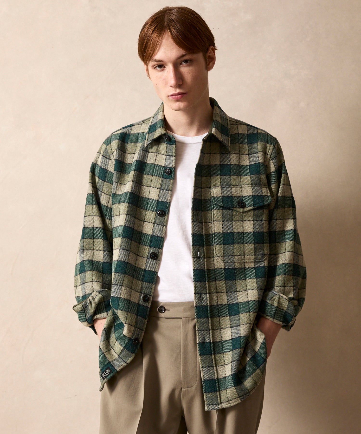 Wool Plaid Utility Shirt Jacket in Grey