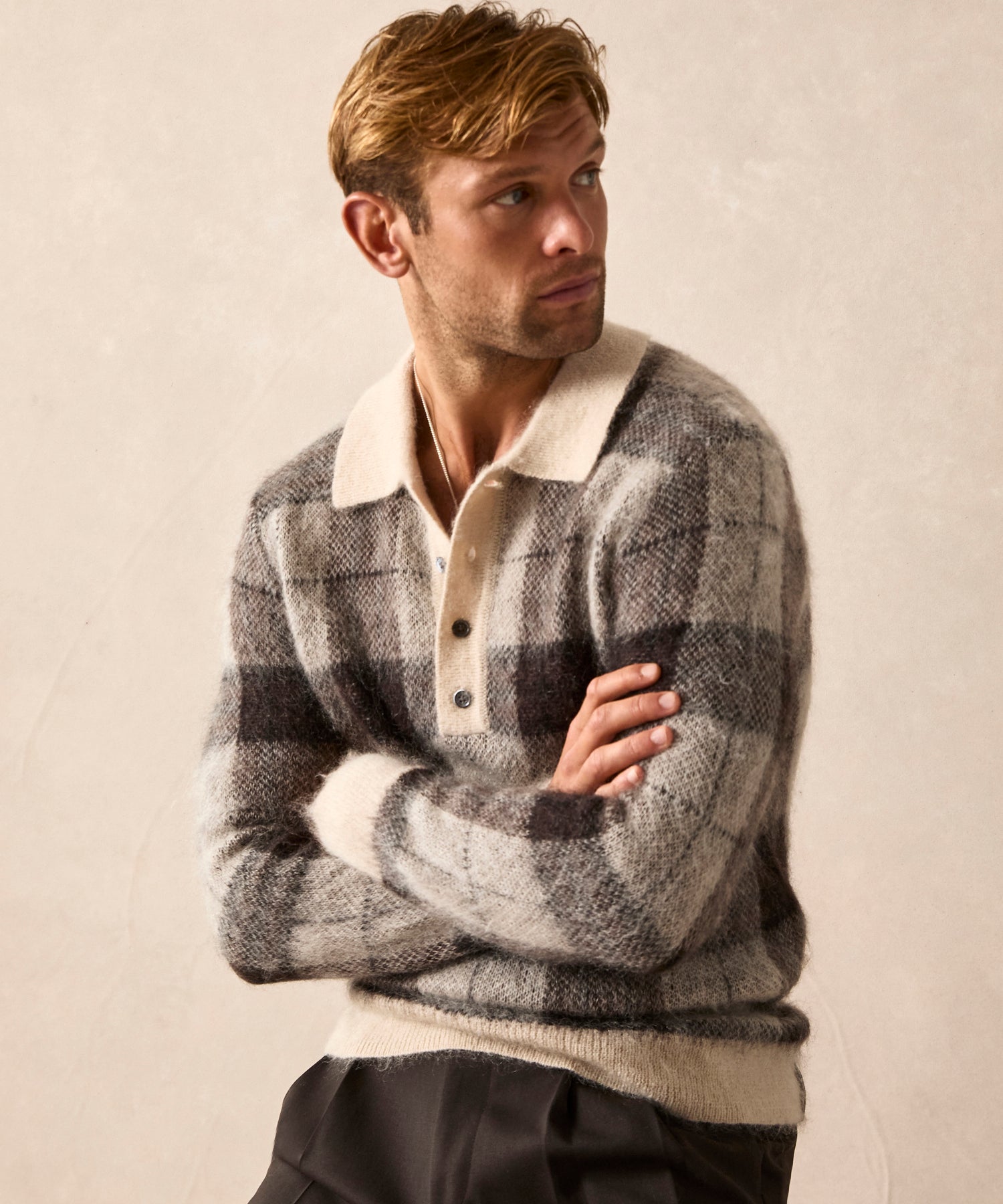 Plaid Mohair Polo in Ash Brown