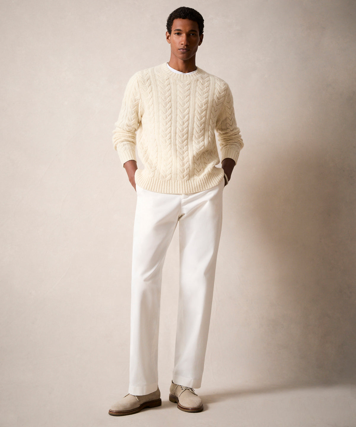 Wool Cable Crewneck Sweater in Bisque