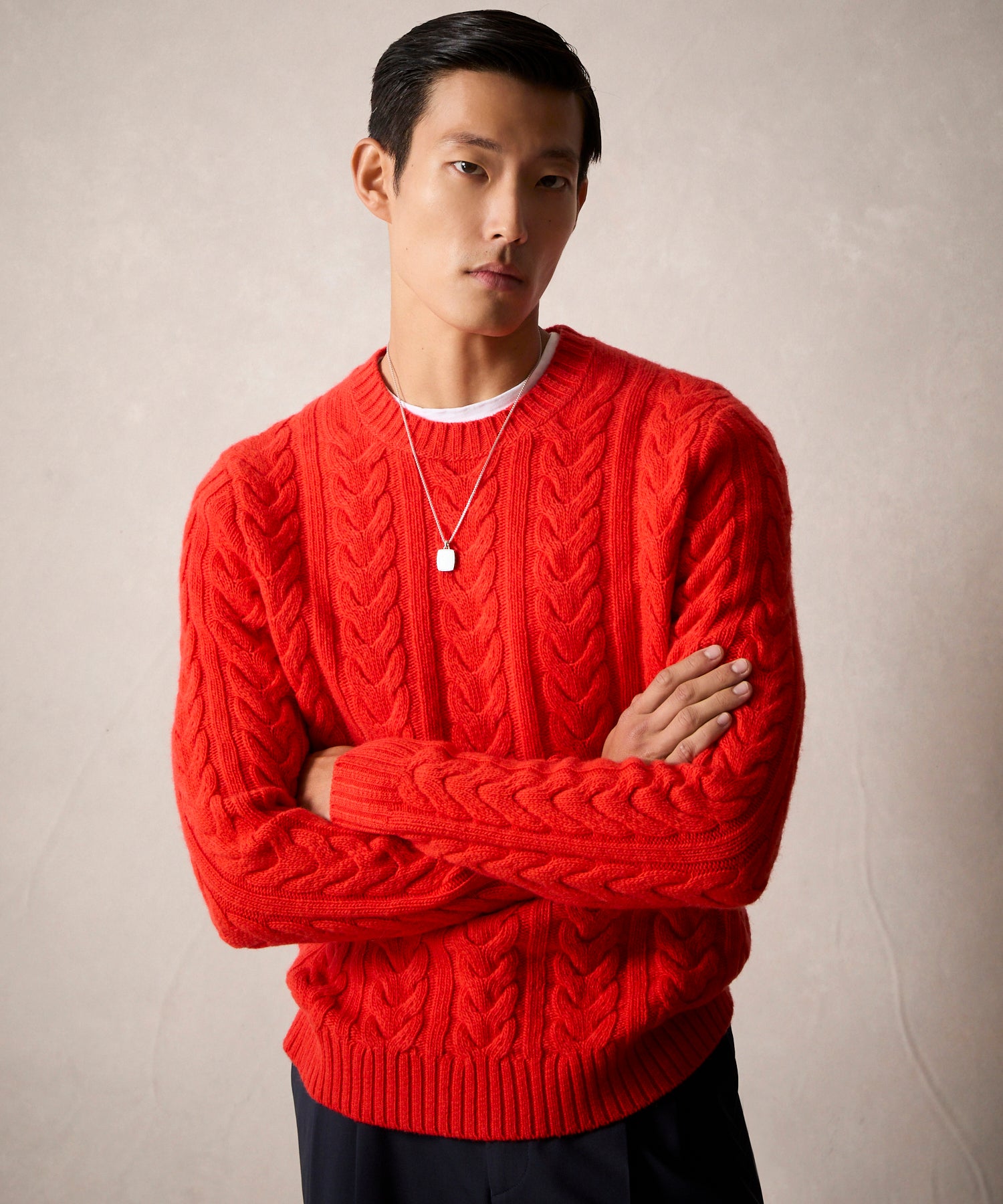 Wool Cable Crewneck Sweater in Bright Red