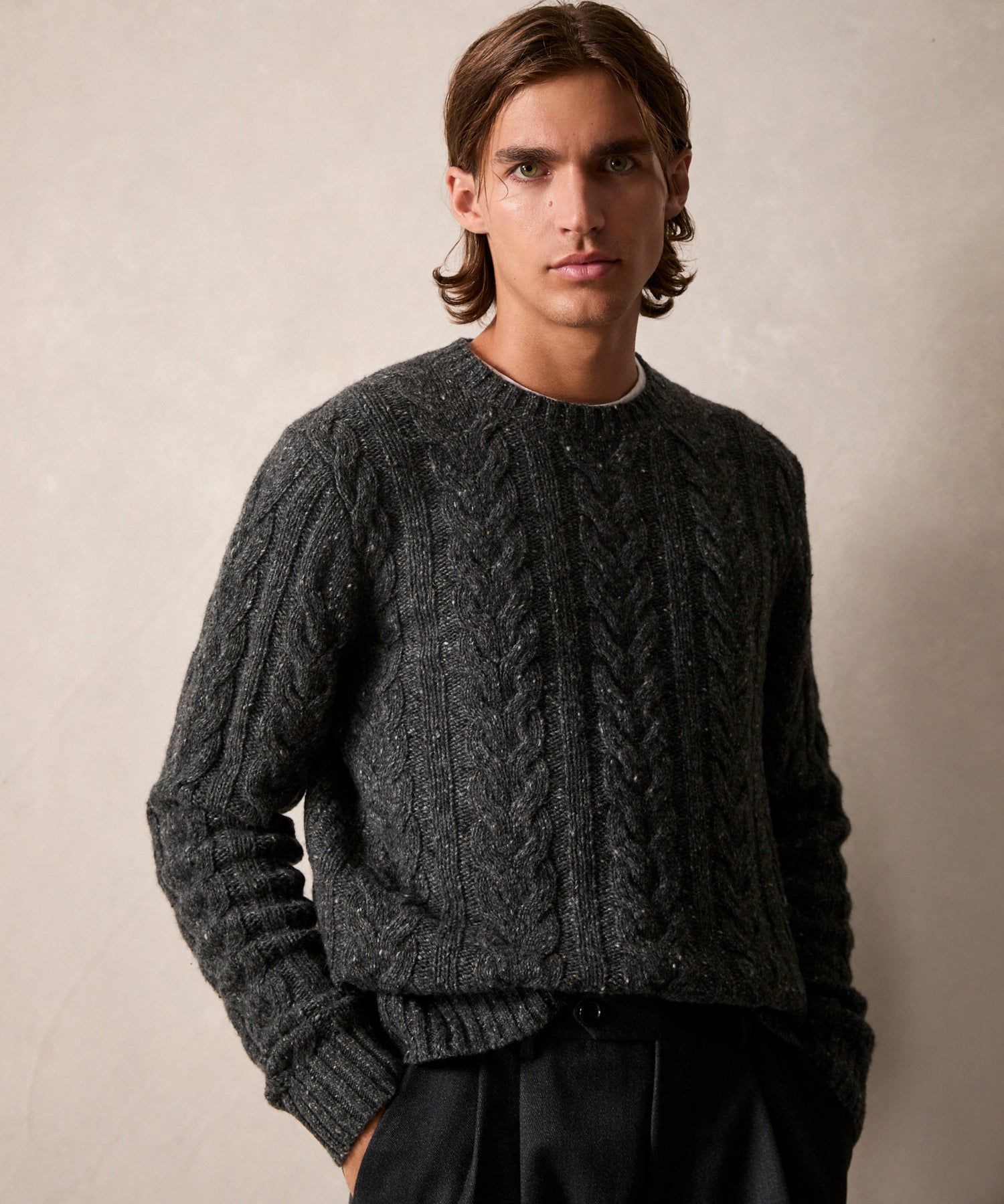 Donegal Cable Crewneck Sweater in Charcoal